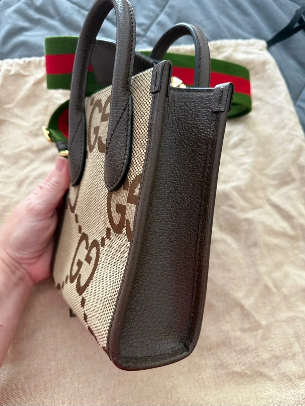 Gucci Brown/Beige GG Mini Tote with Green-Red Web Strap - Picture 8 of 11